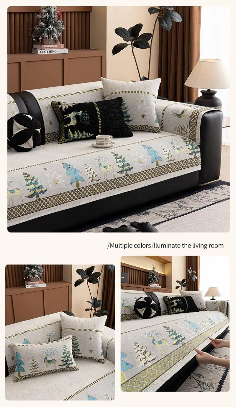 Universal Chenille Christmas Sofa Mat Cover Christmas Tree Deer Pattern Sofa Covers Anti-Slip Fully Covered Sofa Covers Fabric