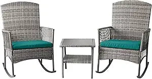 3 Pieces Patio Furniture Set, Wicker Rocking Chairs Bistro Set with Coffee Table