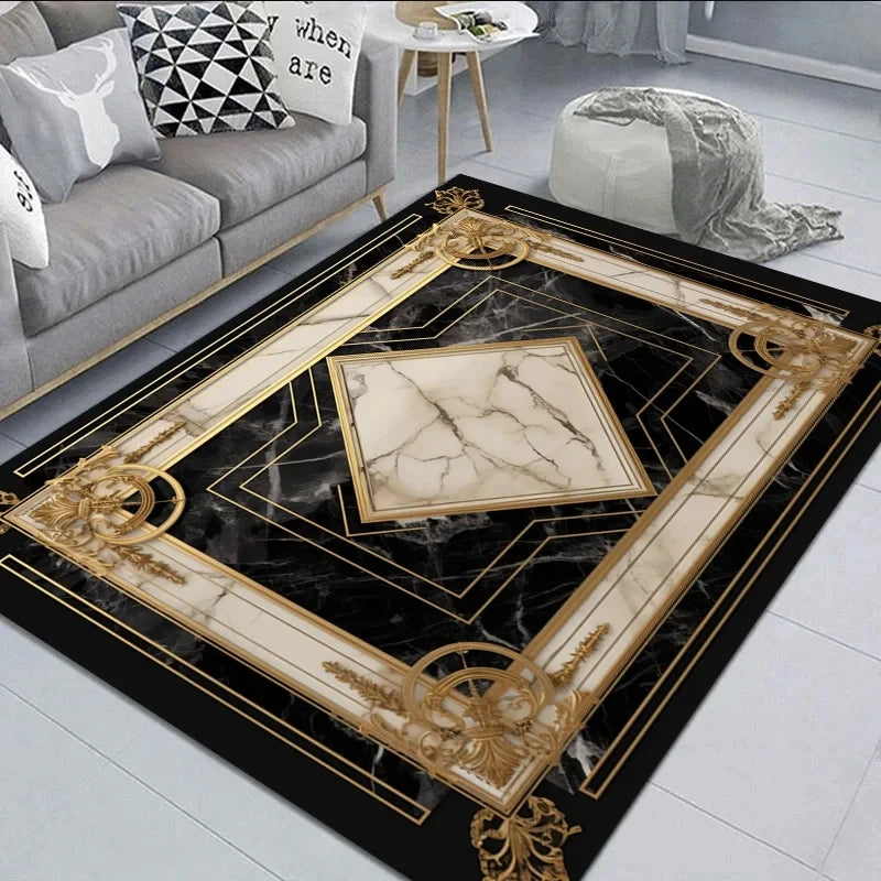 Black Gold Marble Carpet for Living Room / Large Area Rug
