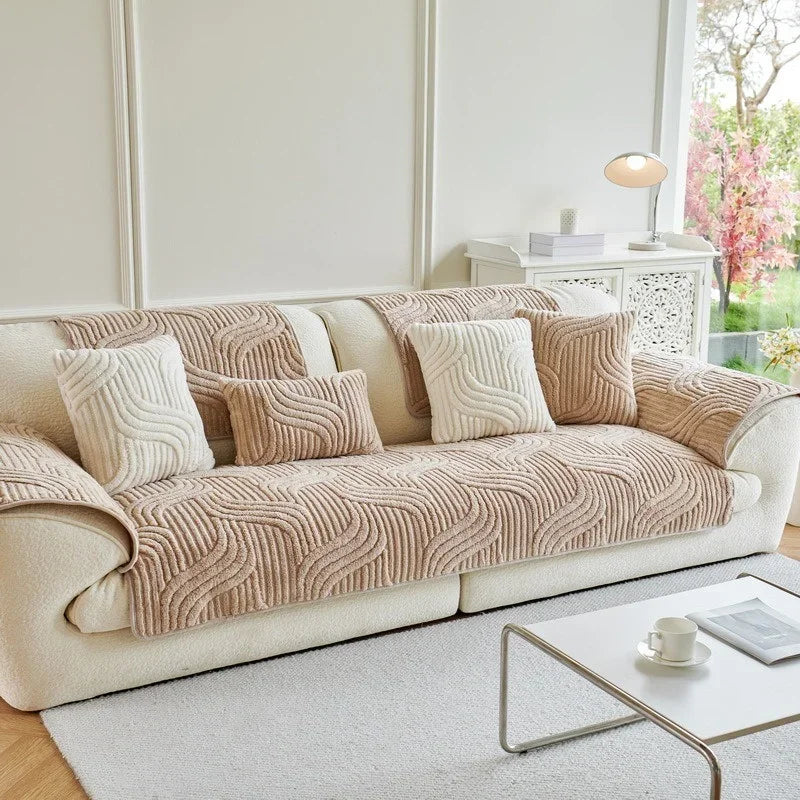 1PC Wave Striped Sofa Cover Solid Color Thicken Plush Non-slip Couch Slipcovers