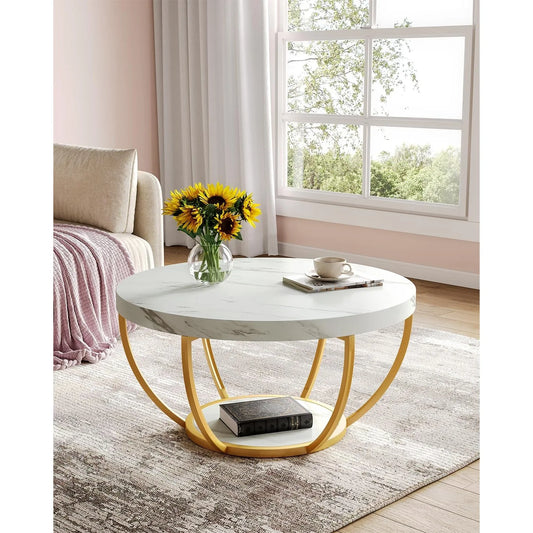 32" Circle Marble Coffee Tables, 2-Tier Golden Metal Legs  Open Storage Modern Design