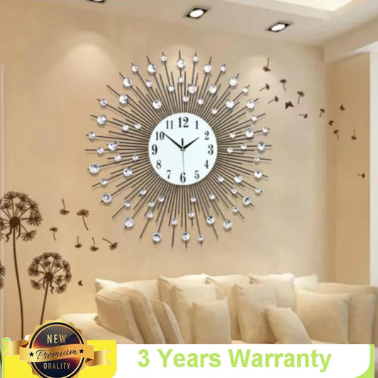 3D Large Metal Sunburst Wall Clock Luxury Battery Operated Diamond Art Wall Watch 60x60cm
