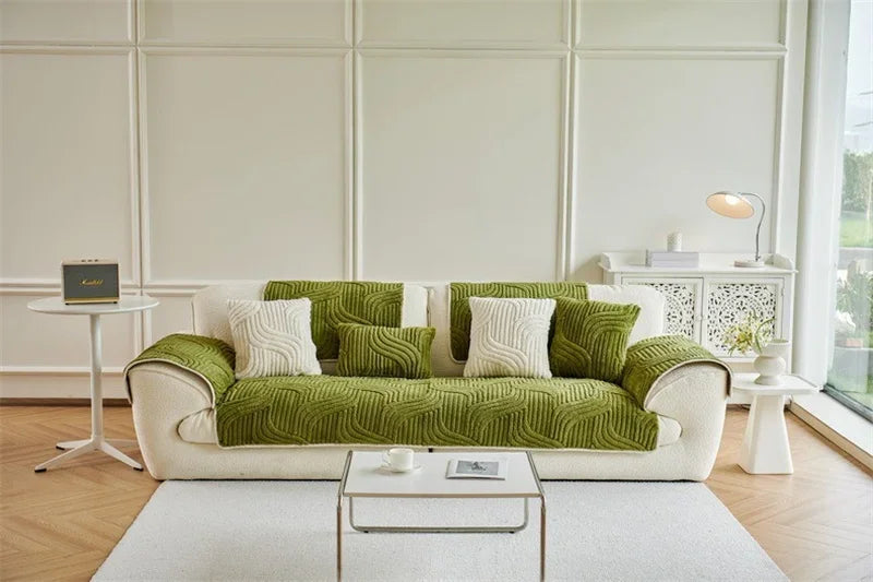 1PC Wave Striped Sofa Cover Solid Color Thicken Plush Non-slip Couch Slipcovers