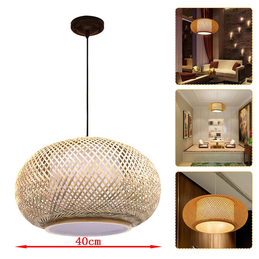 16'' Bamboo Wicker Rattan Shade Pendant Light Fixture Hand-woven Rattan Round