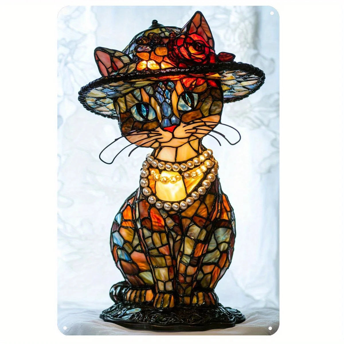 Retro Charm Cat Table Lamp & 2D Decorative Plaque Set Iron Material