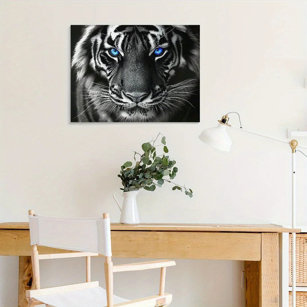 Wooden Frame Canvas Painting Blue Eyes Tiger Animal Black White Prints