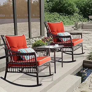 3 Pieces Patio Furniture Set, Wicker Rocking Chairs Bistro Set with Coffee Table