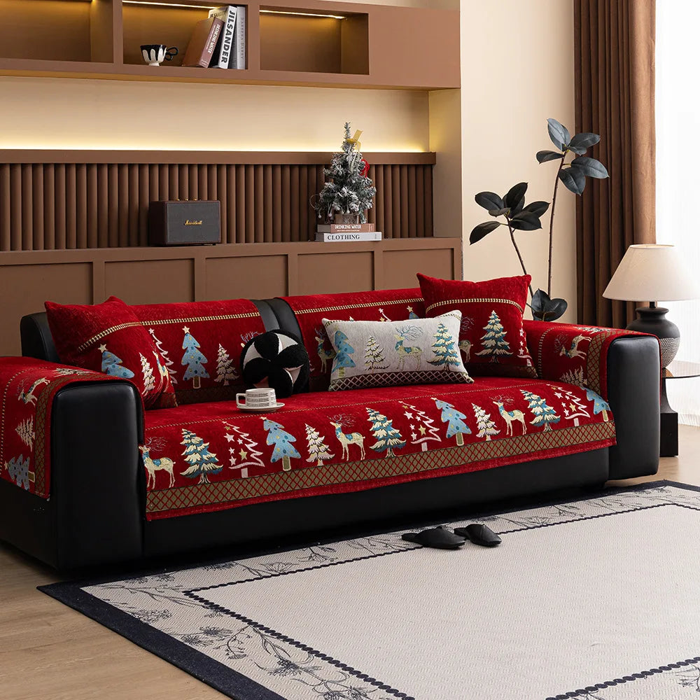 Universal Chenille Christmas Sofa Mat Cover Christmas Tree Deer Pattern Sofa Covers Anti-Slip Fully Covered Sofa Covers Fabric