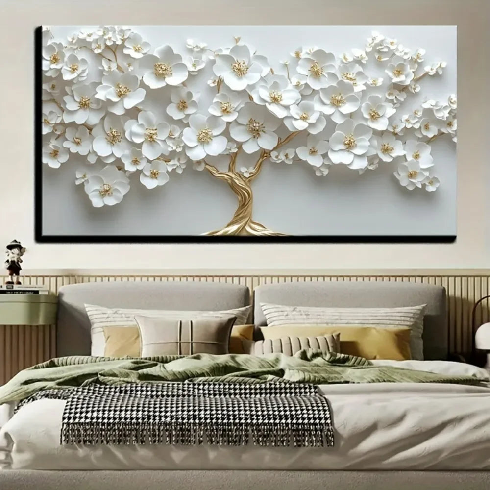 1 Nordic white flower oil painting on canvas, Modern art Deco wall painting  pine solid wood frame