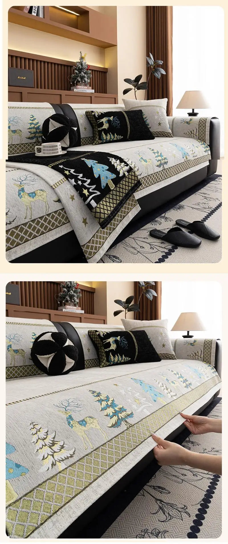 Universal Chenille Christmas Sofa Mat Cover Christmas Tree Deer Pattern Sofa Covers Anti-Slip Fully Covered Sofa Covers Fabric