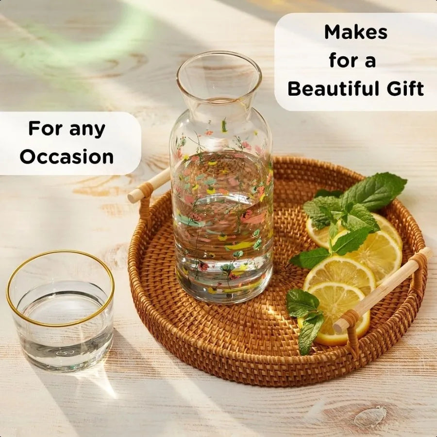 Bedside Water Carafe and Glass Set 23 oz Floral Pitcher with Cup Vintage Decanter for Hydration