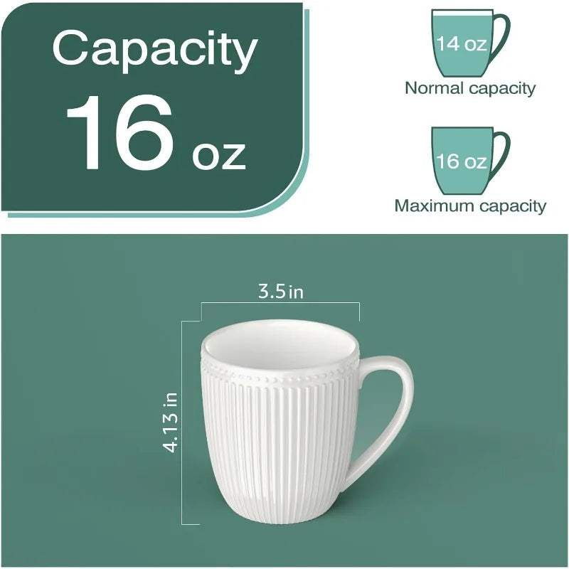 Set of 6, White , Porcelain, Easy to Grip Mug Sets