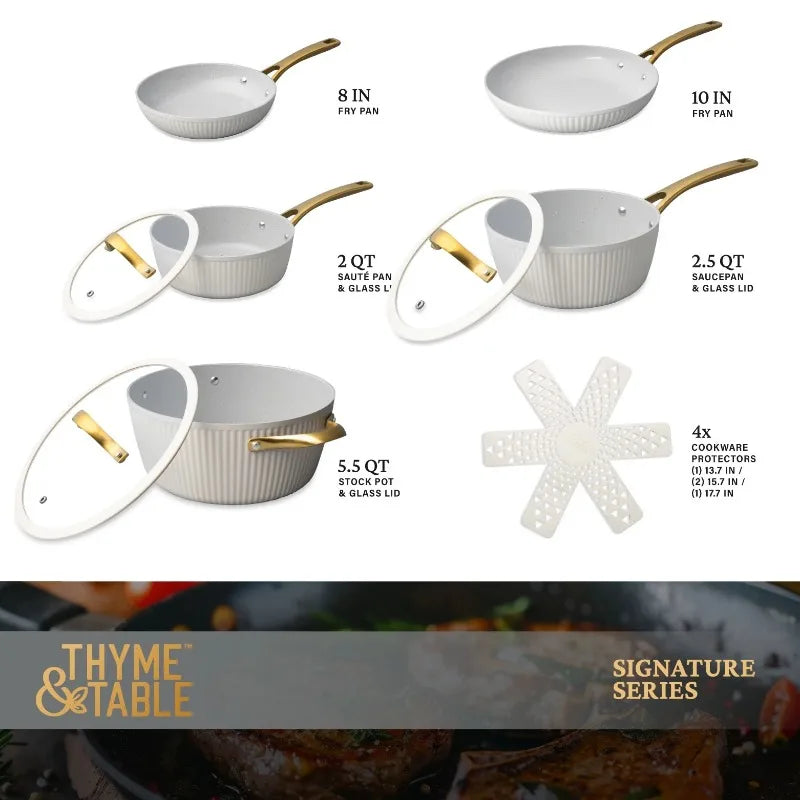 Thyme & Table Signature 12-Piece Cookware Set Non-Stick- White & Gold