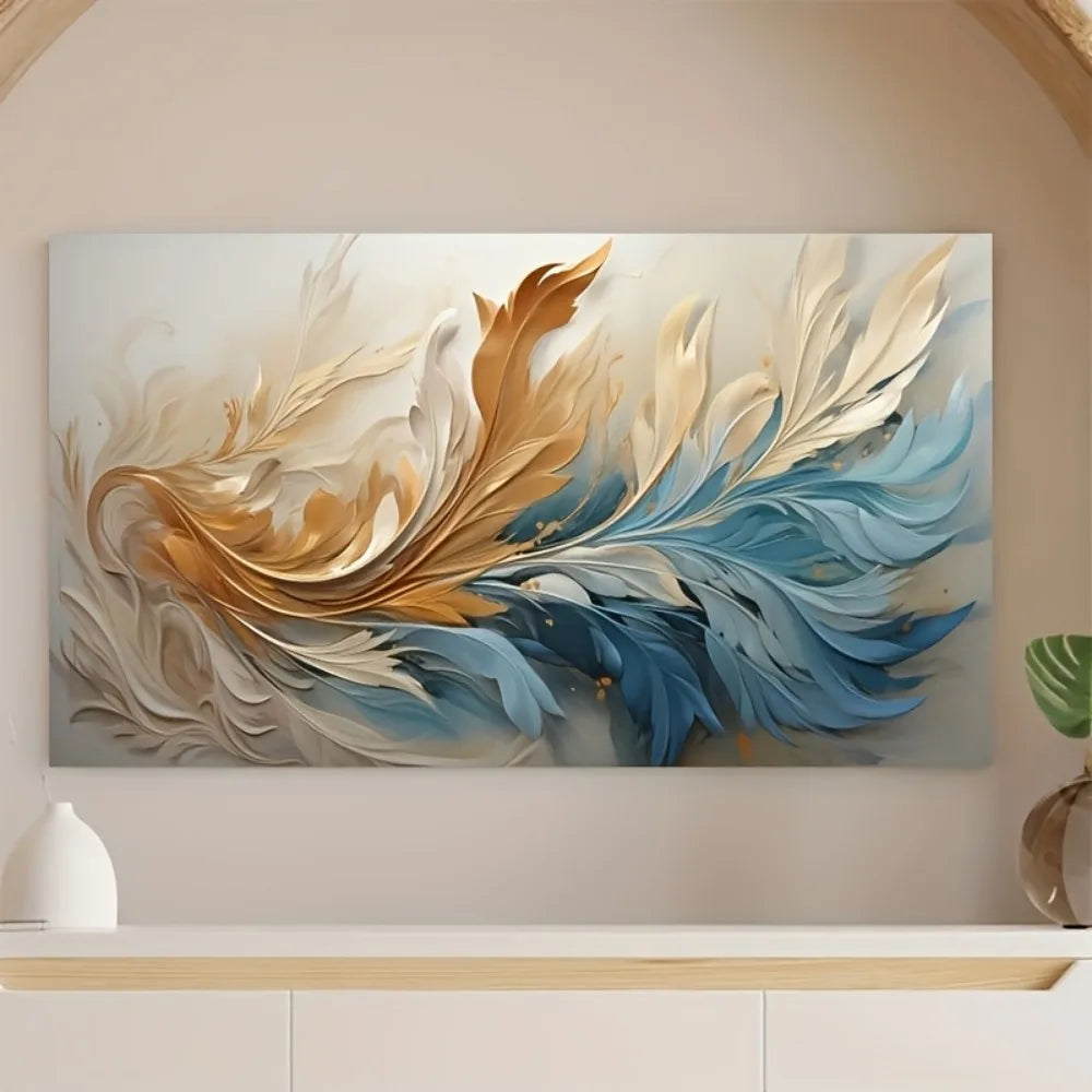 Modern abstract gold feather canvas art  1.5 inch thick pine solid wood frame