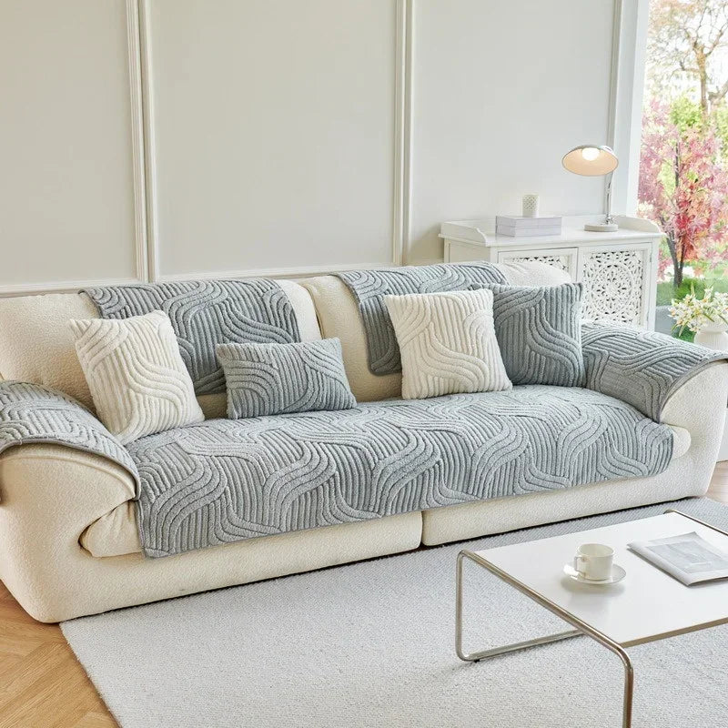 1PC Wave Striped Sofa Cover Solid Color Thicken Plush Non-slip Couch Slipcovers