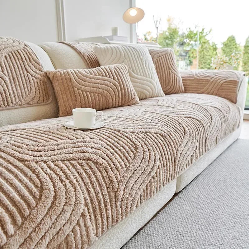 1PC Wave Striped Sofa Cover Solid Color Thicken Plush Non-slip Couch Slipcovers