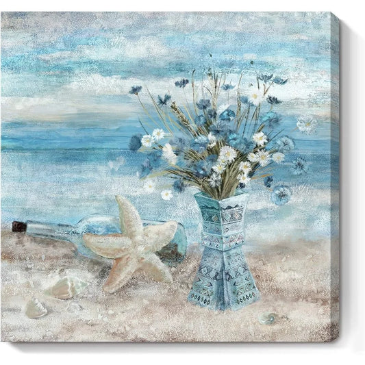Coastal Beach Canvas Art Ocean Themed Wall Decor Framed Picture Flower Print