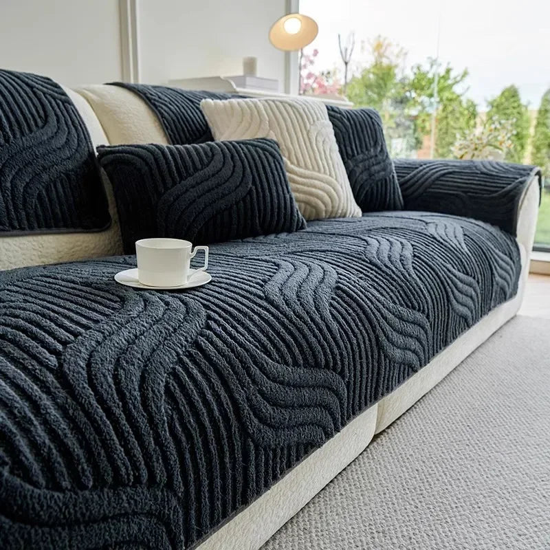 1PC Wave Striped Sofa Cover Solid Color Thicken Plush Non-slip Couch Slipcovers