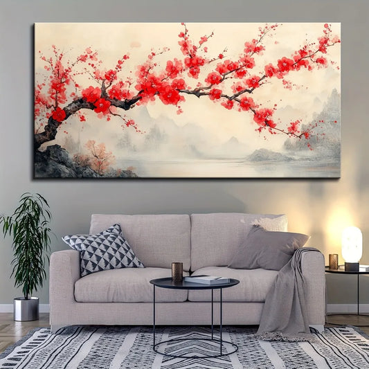 1.5 inch thick pine solid wood frame, Chinese "pink plum" mural, landscape decoration hanging picture