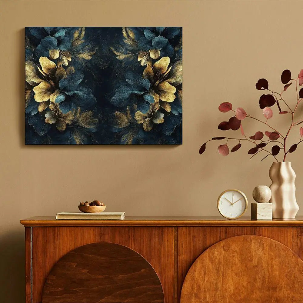 Luxury Gold Wall Art Dark Floral Canvas Painting on Black Background Decoration