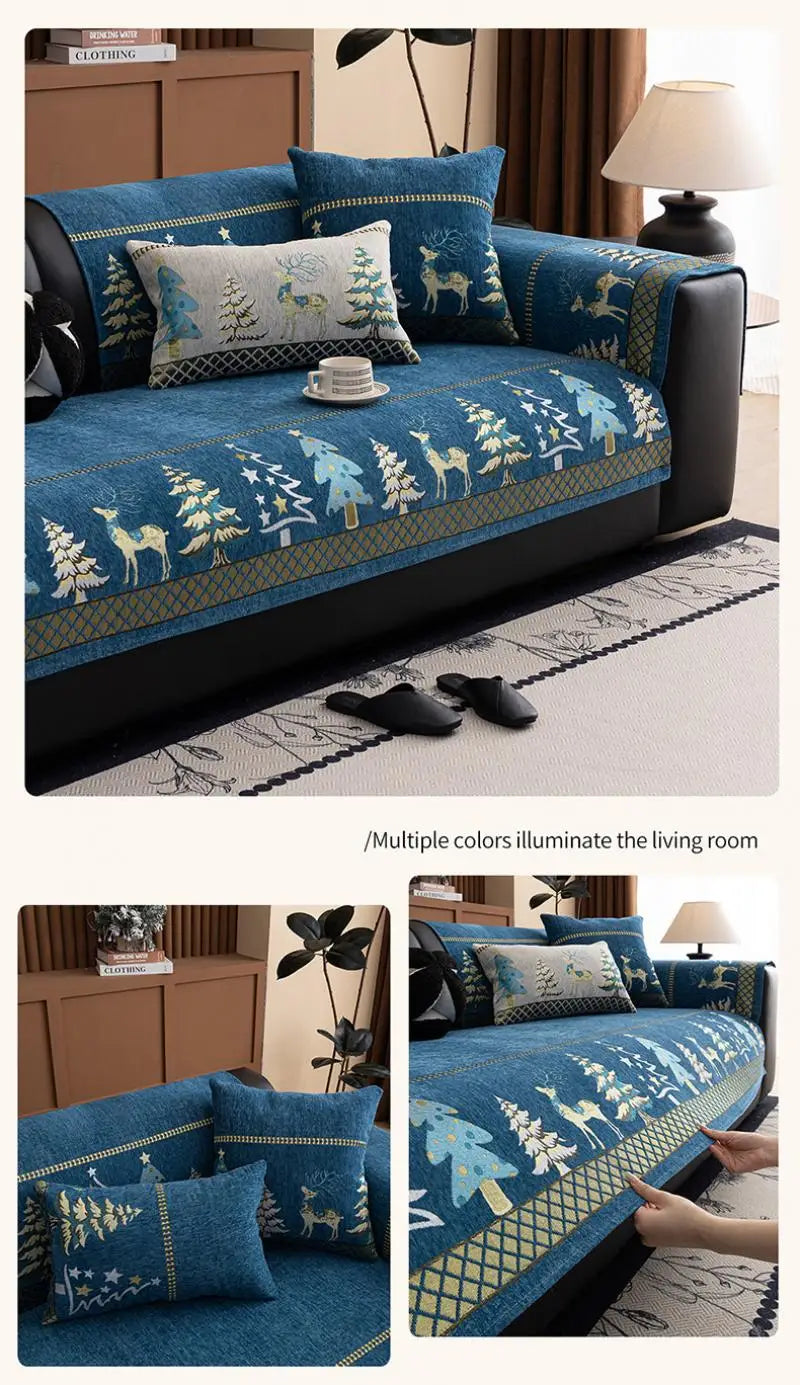 Universal Chenille Christmas Sofa Mat Cover Christmas Tree Deer Pattern Sofa Covers Anti-Slip Fully Covered Sofa Covers Fabric
