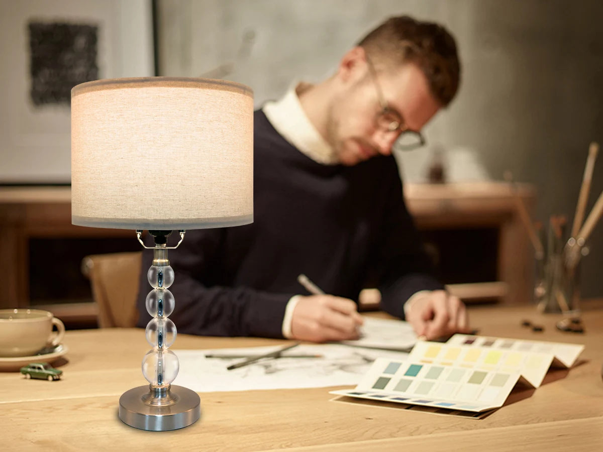 Modern Desk Lamp Set of Two - E26 Socket with Lamp Cap - Linen-Colored Lampshade