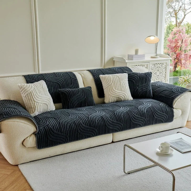 1PC Wave Striped Sofa Cover Solid Color Thicken Plush Non-slip Couch Slipcovers