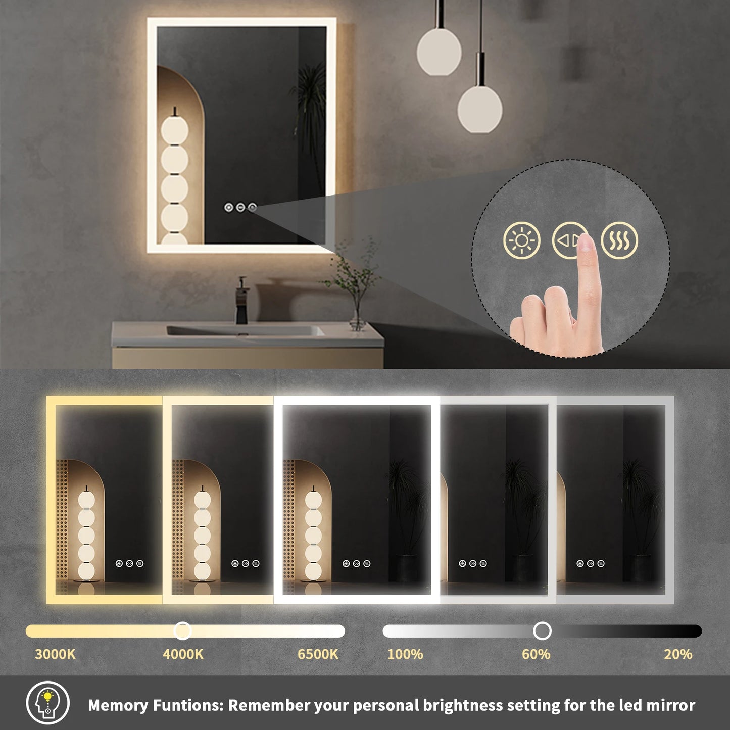 16x20 inch LED Lighted Bathroom Mirror with Anti-Fog Smart Touch Button