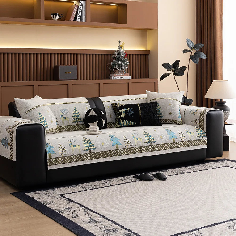 Universal Chenille Christmas Sofa Mat Cover Christmas Tree Deer Pattern Sofa Covers Anti-Slip Fully Covered Sofa Covers Fabric