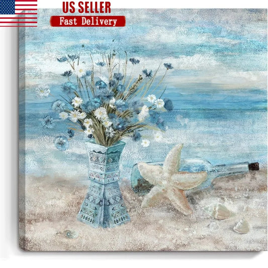 Coastal Beach Canvas Art Ocean Themed Wall Decor Framed Picture Flower Print