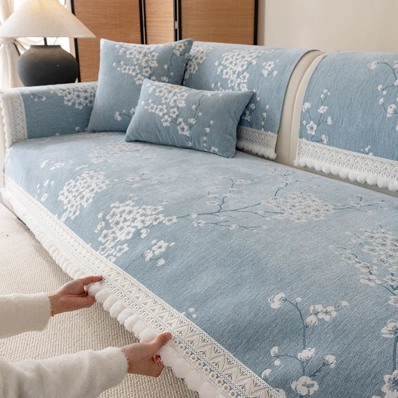 Chenille Flowers Sofa Cover All Season Non-slip Couch Protector