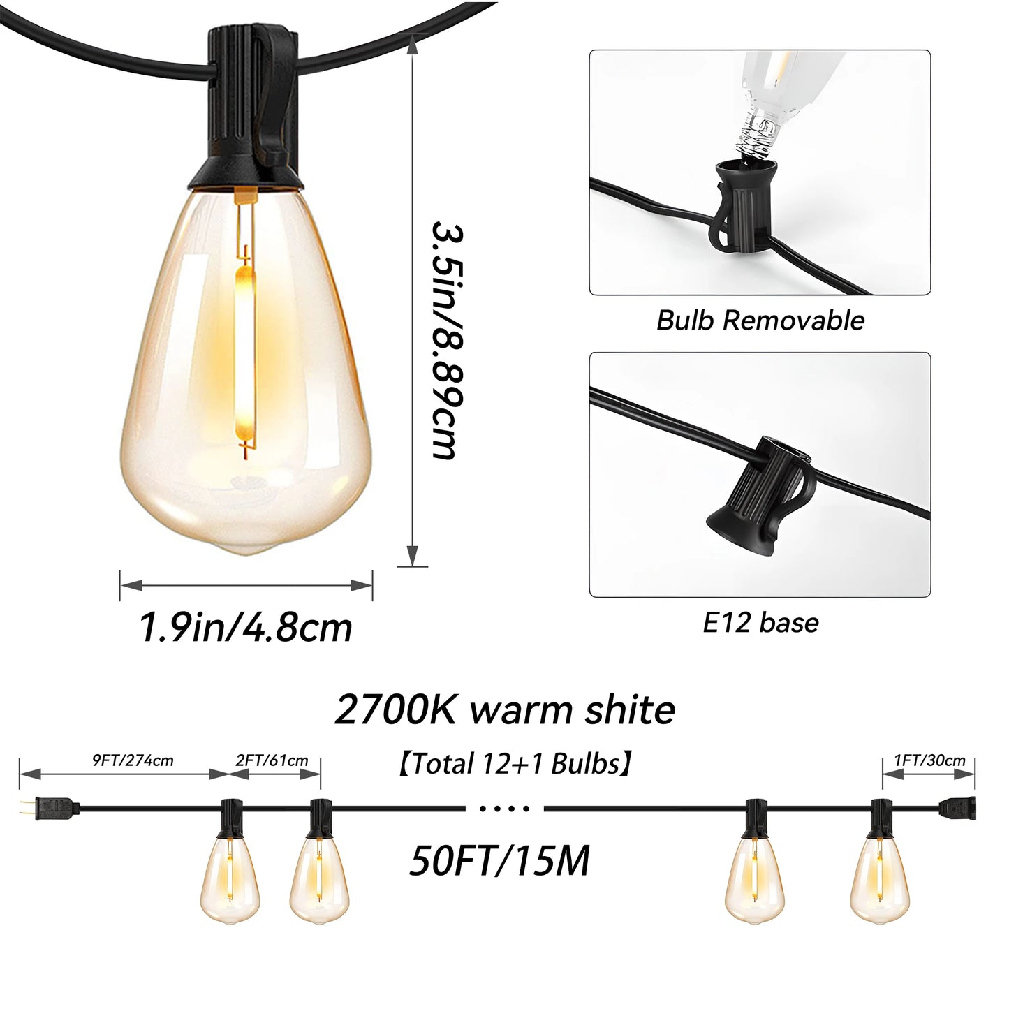 50 Feet Solar Outdoor String Lights, 2700K Warm White Hanging Lights, Weather-Resistant Materials, 12+1 Shatterproof Bulbs