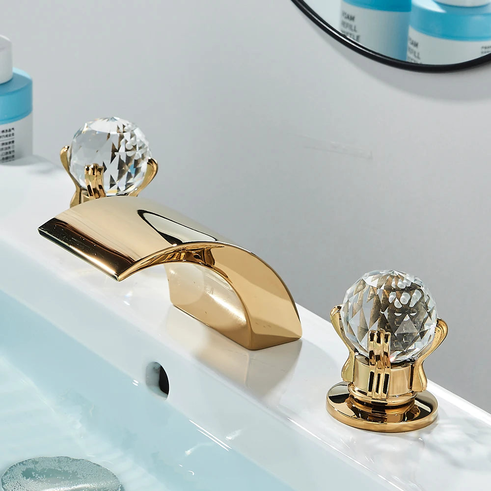 LED Widespread Bathroom Faucet Waterfall Gold Polished Lavatory 2 Crystal Knobs 3 Holes