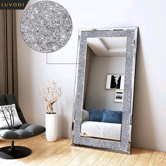 Large Silver Sparkly Crystal Rhinestone Diamond Frameless Vanity Mirrors Wall Mounted