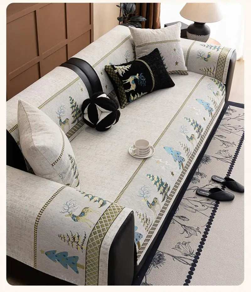 Universal Chenille Christmas Sofa Mat Cover Christmas Tree Deer Pattern Sofa Covers Anti-Slip Fully Covered Sofa Covers Fabric