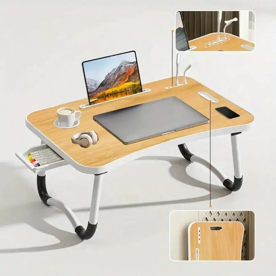 Portable Laptop Desk with  Cup Holder, Tablet Slot, and Lifting Handle - Foldable Laptop Table