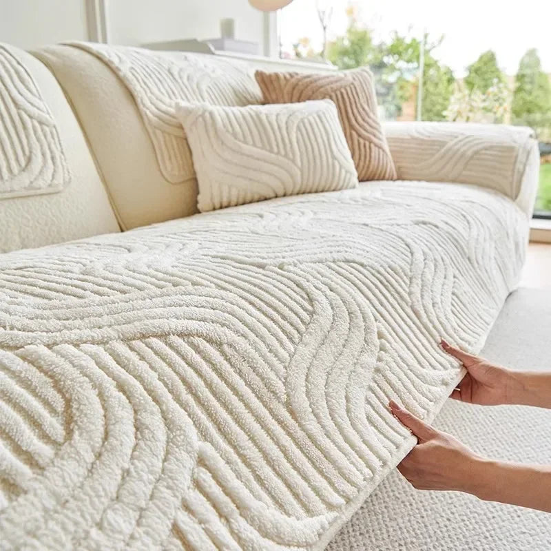 1PC Wave Striped Sofa Cover Solid Color Thicken Plush Non-slip Couch Slipcovers