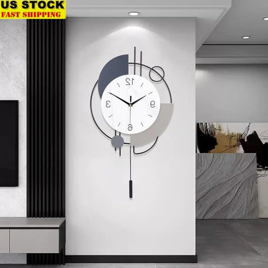 Silent Quartz Wall Clock with Pendulum Decorative Metal Clock Stylish Art Deco Battery Operated