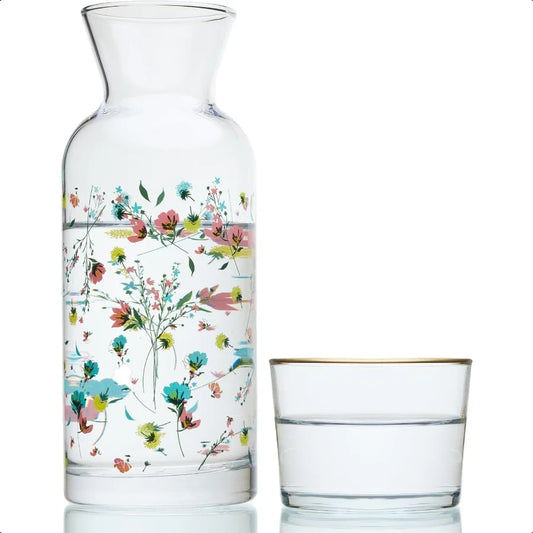 Bedside Water Carafe and Glass Set 23 oz Floral Pitcher with Cup Vintage Decanter for Hydration