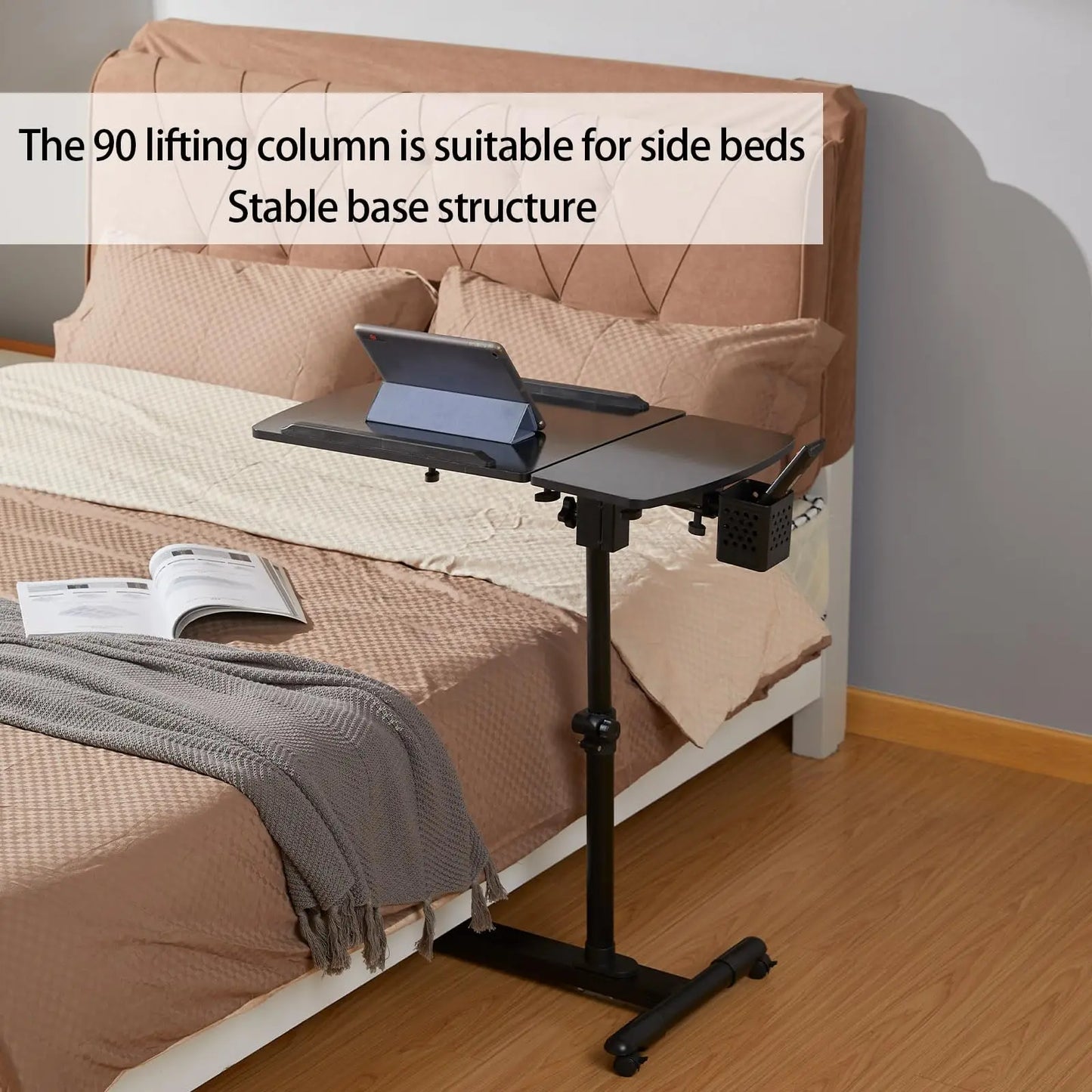 Overbed Bedside Table with Wheels, Adjustable Overbed Table with Tilting Desktops, Rolling Laptop Table