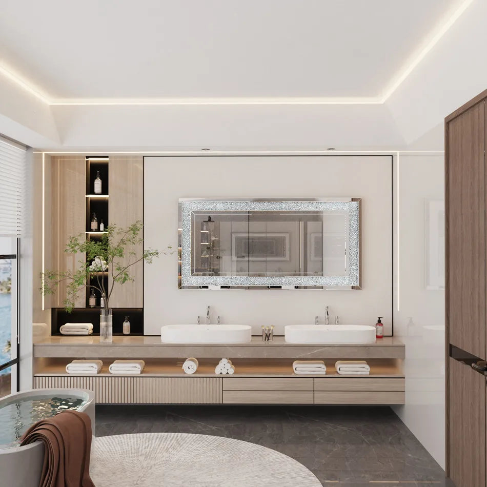 Large Silver Sparkly Crystal Rhinestone Diamond Frameless Vanity Mirrors Wall Mounted