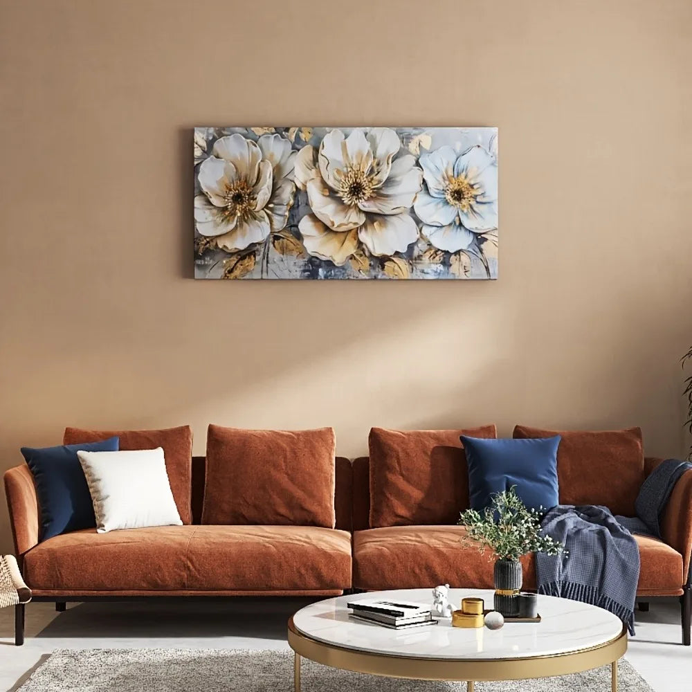 1.5 inch thick pine frame, abstract white camellia canvas wall art, modern decorative paintings