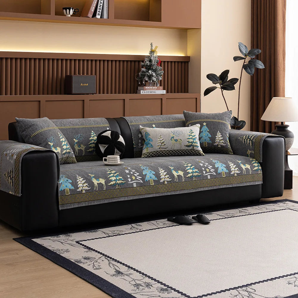 Universal Chenille Christmas Sofa Mat Cover Christmas Tree Deer Pattern Sofa Covers Anti-Slip Fully Covered Sofa Covers Fabric