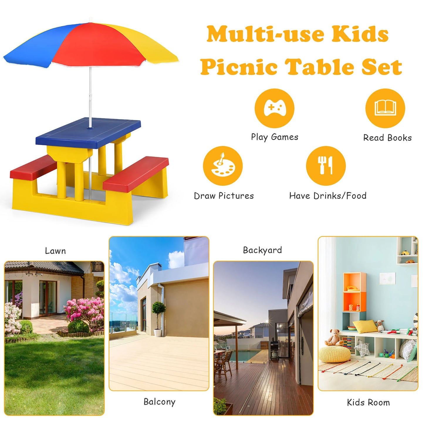 Kids Picnic Table Set W/Removable Umbrella, Indoor Outdoor Garden Patio