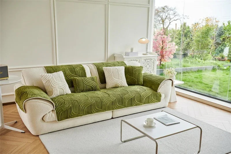 1PC Wave Striped Sofa Cover Solid Color Thicken Plush Non-slip Couch Slipcovers