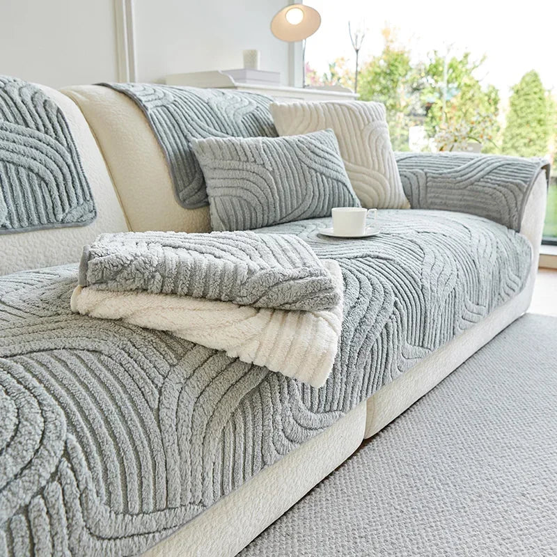 1PC Wave Striped Sofa Cover Solid Color Thicken Plush Non-slip Couch Slipcovers