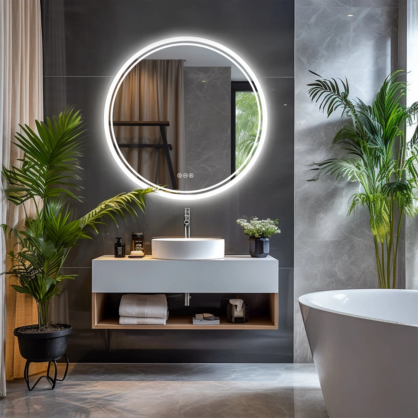 Bathroom Mirror with LED Lights Circle Backlit Illuminated Wall Mounted  Anti-Fog 3 Colors Change IP65 Dimmable