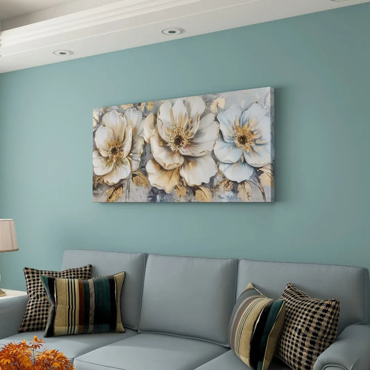 1.5 inch thick pine frame, abstract white camellia canvas wall art, modern decorative paintings