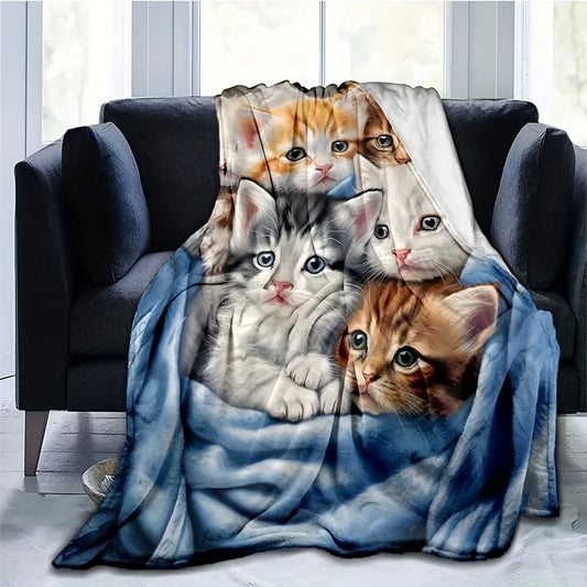1pc Cute Cat Thin Blanket - Lightweight Flannel Blanket for Sofa, Bed, Travel, Camping, Living Room