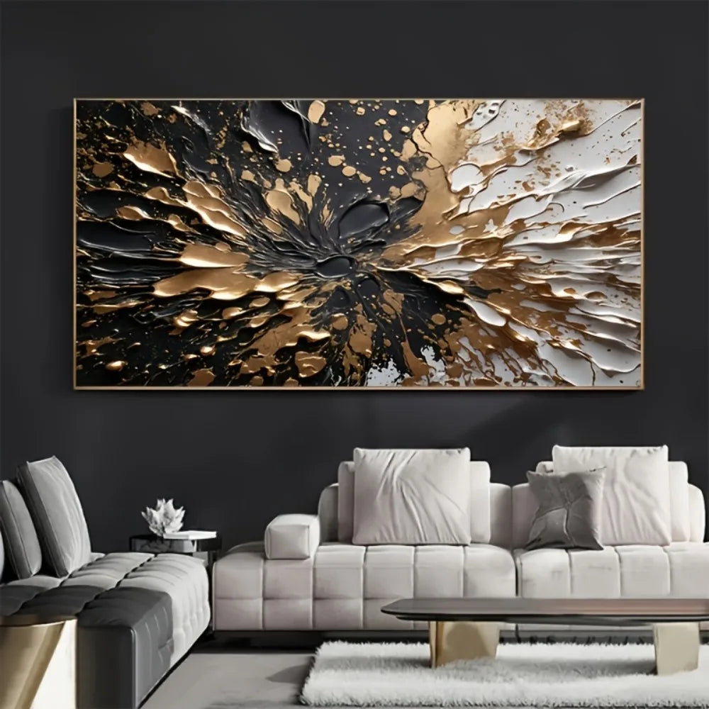 Modern abstract black gold ink splash texture wall mural pine solid wood frame
